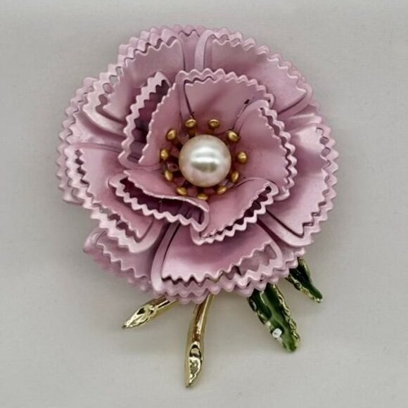 Vintage Metal and Enamel Flower Carnation Brooch Pin W/Cream Faux Pearl Unmarked - Picture 2 of 10